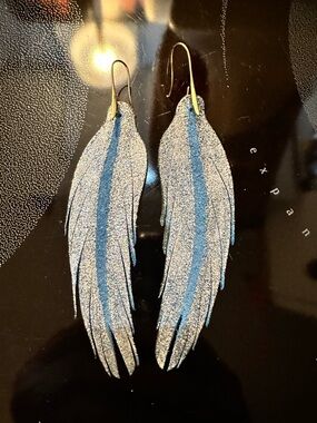 Handmade Boho Feather Leather Blue and glittery silver earrings